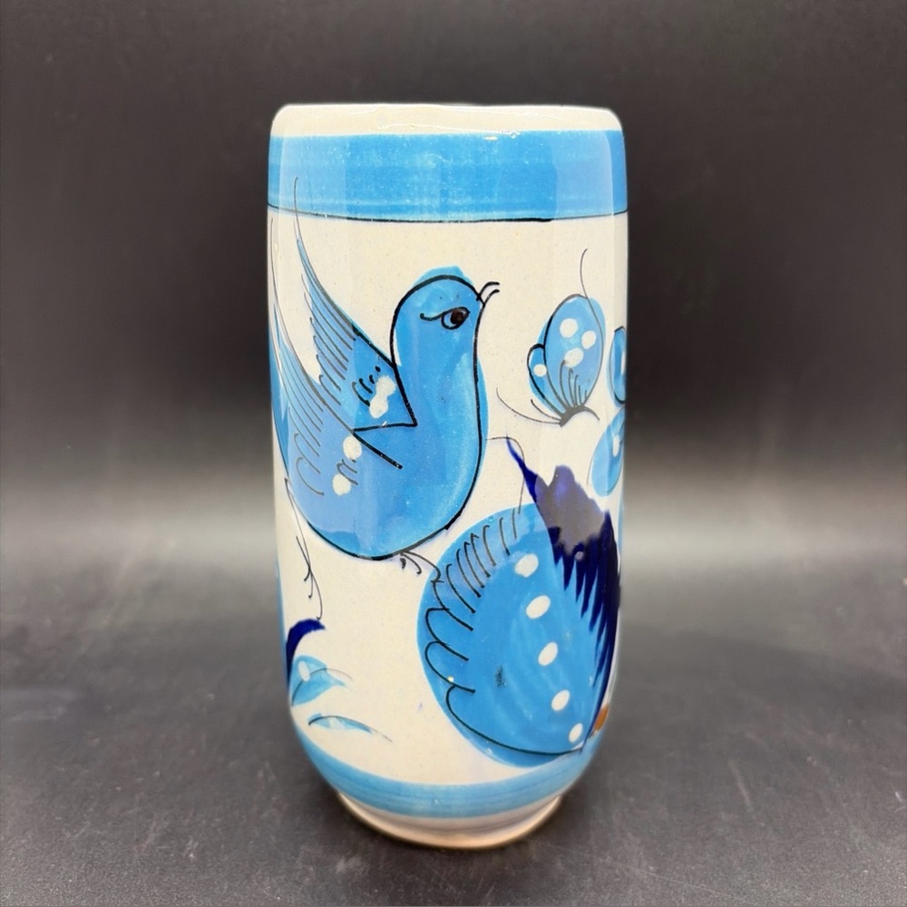 Tonala Mexico Folk Art 6” Gray Vase Cup with Blue Bird and Floral Design Signed